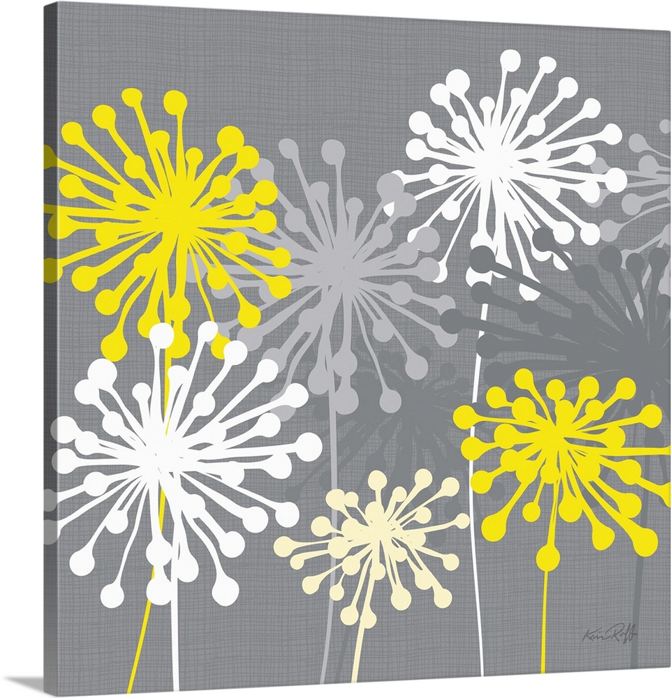 Square abstract illustration of yellow, white, and gray dandelions on a gray background.