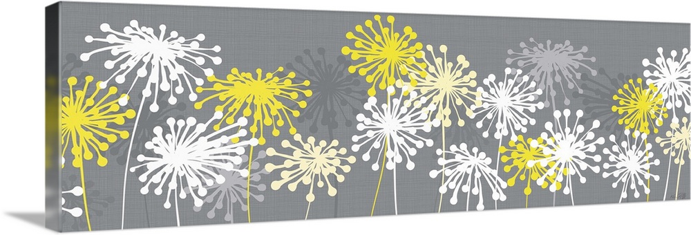 Panoramic abstract illustration of yellow, white, and gray dandelions on a gray background.