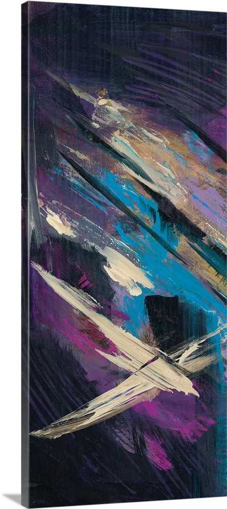 Panel abstract painting with a dark black background and bright purple, pink, blue, and tan brushstrokes on top.