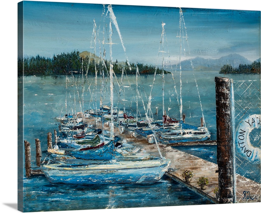 Contemporary painting of sailboats docked at Dayton Yacht Harbor with mountains in the background.