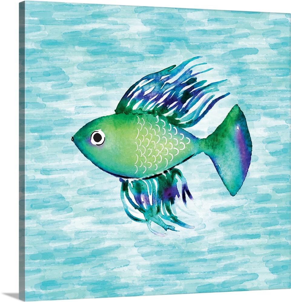 Square illustration of a green, purple, and blue fish swimming in water created with short, horizontal, teal brushstrokes.