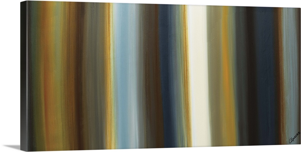 Large abstract painting with vertical brushstroke lines in shades of blue, brown, yellow, gold, green, gray, and white.