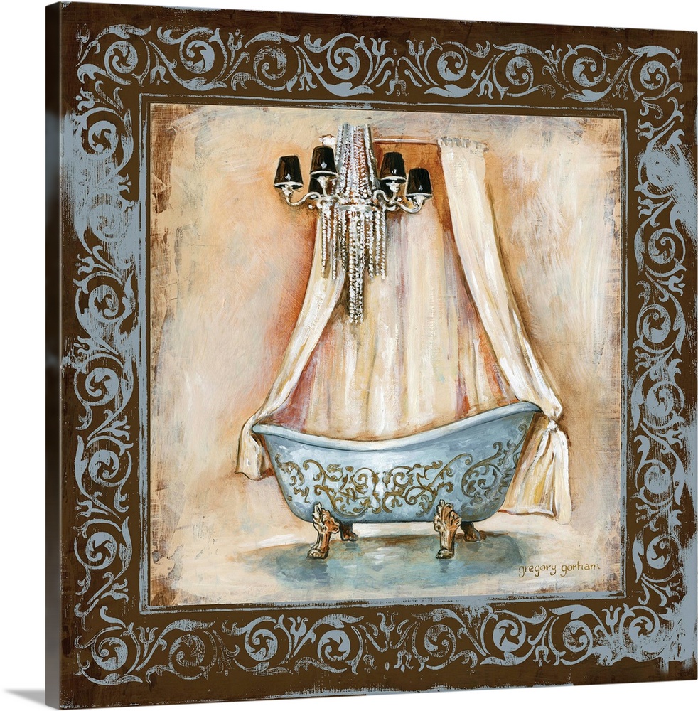 Square bathroom decor that has a painting of a beautiful clawfoot tub with a chandelier above inside an antique brown and ...