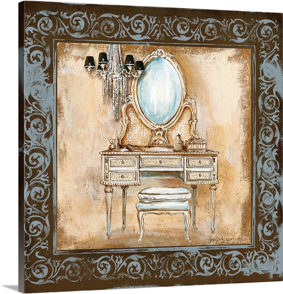 Square bathroom decor that has a painting of a beautiful vanity with a chandelier above inside an antique brown and powder...