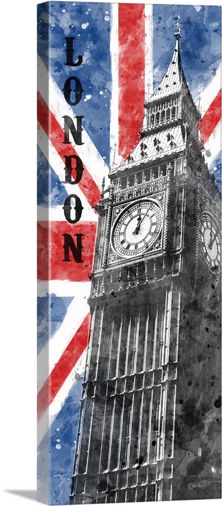 Tall splatter illustration of Big Ben with "London" written on the side and the British flag in the background.