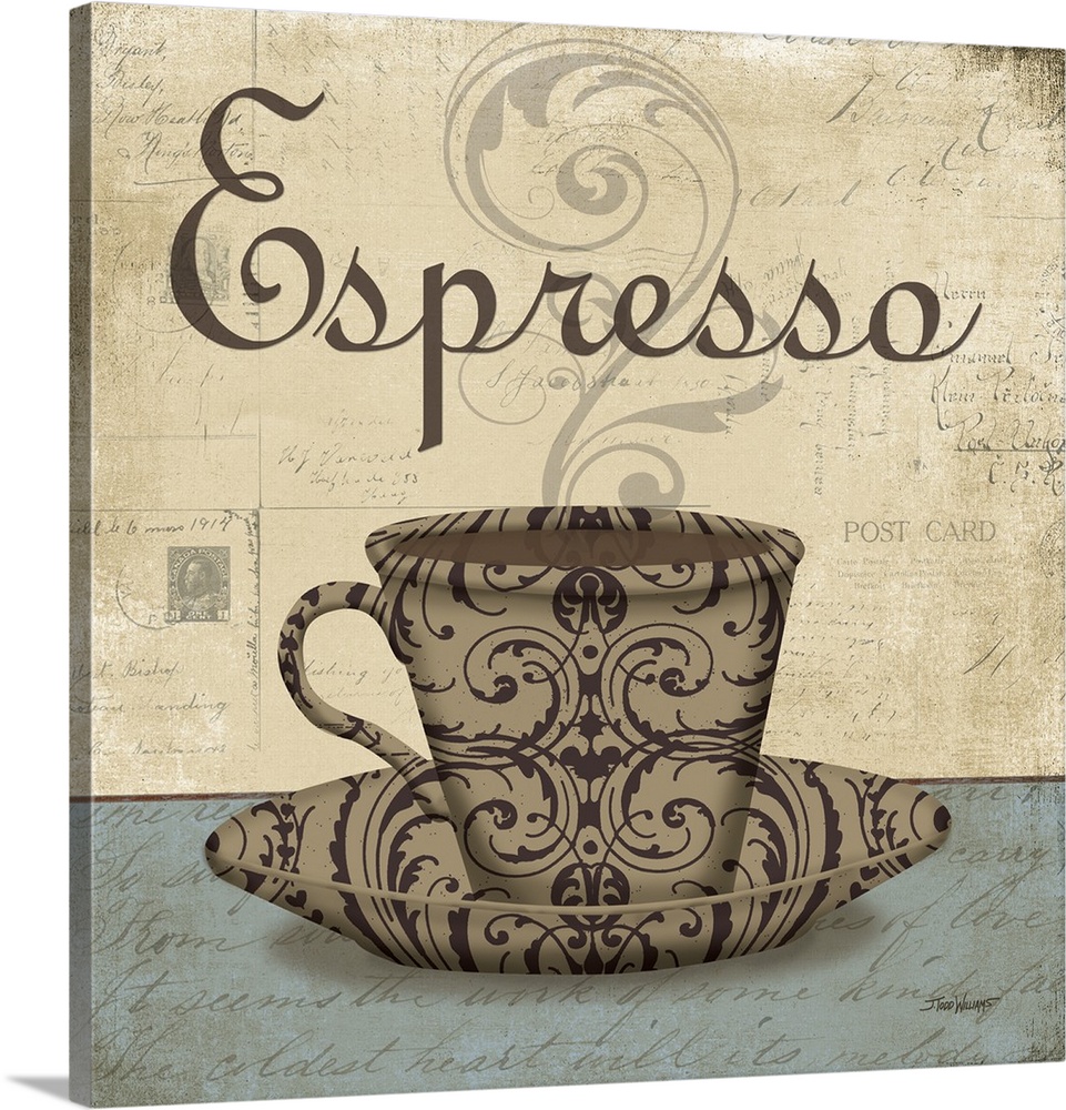 Square cafe decor with an illustration of a decorative coffee cup on a saucer in brown tones, "Espresso" written at the to...