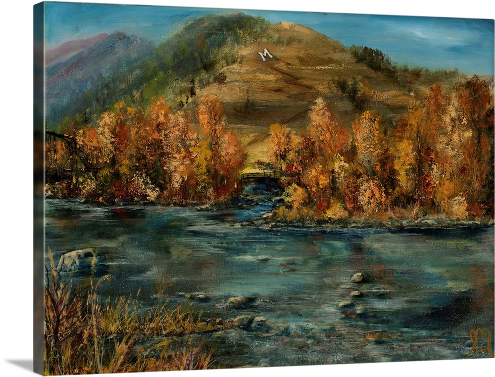 Contemporary painting of a rocky river flowing in front of Autumn colored mountains.
