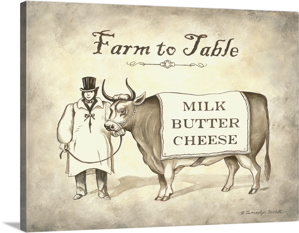 Decorative painting of a man with a cow wearing a blanket that reads "Milk Butter Cheese" and "Farm to Table" written at t...