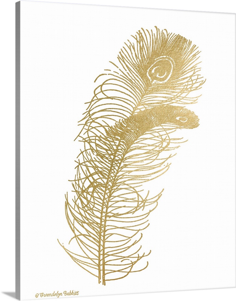 Metallic gold peacock feathers on a white background.