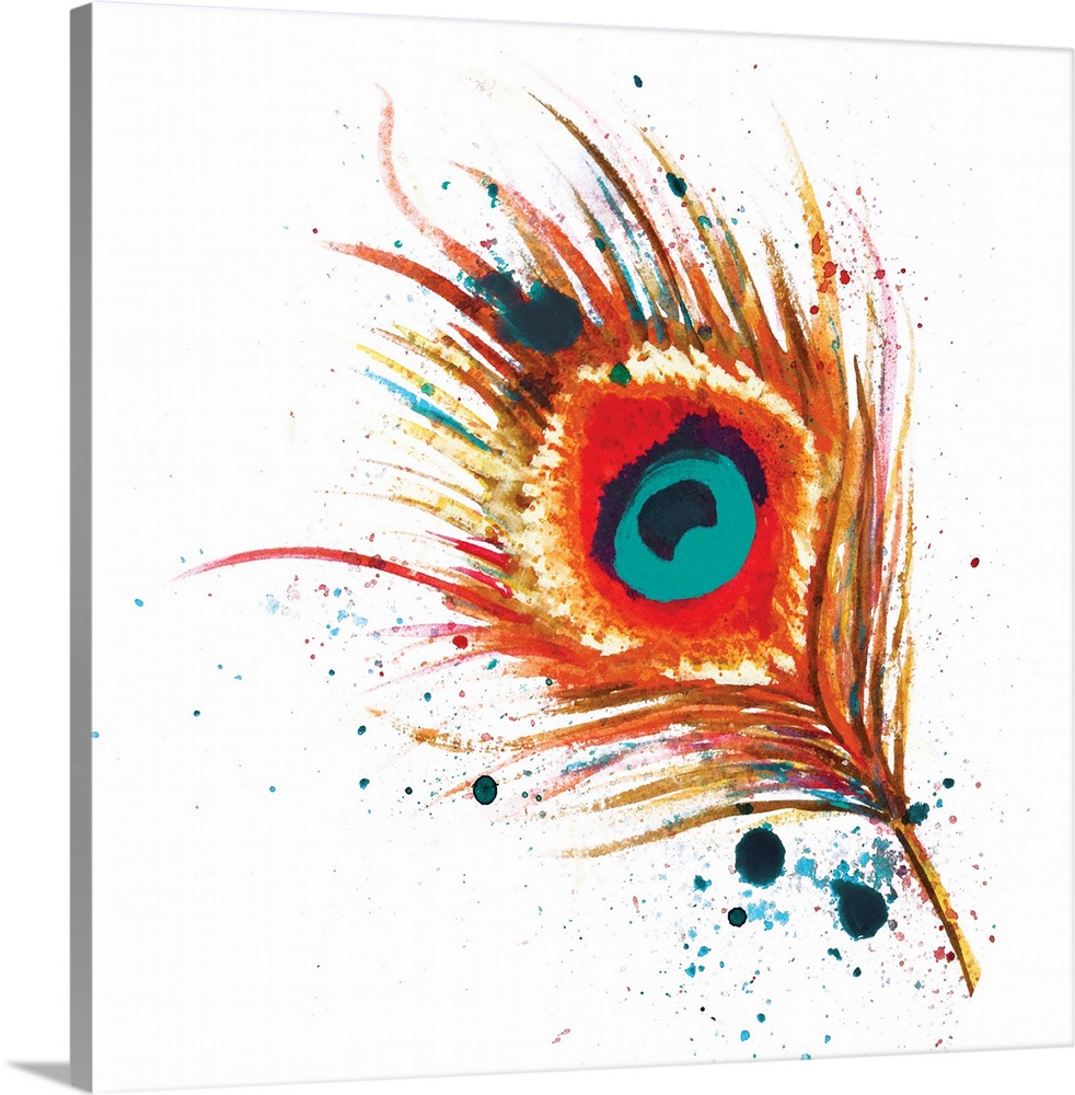 Contemporary artwork of a brightly colored peacock feather with paint splatters.