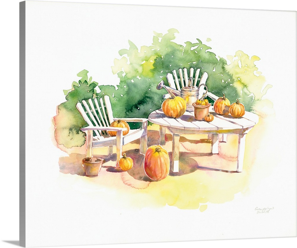 Watercolor painting of Fall pumpkins on an outdoor table and chair set.