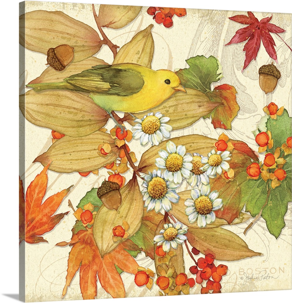 Square Autumn decor with a watercolor painting of a yellow bird amongst Fall leaves, flowers, and acorns