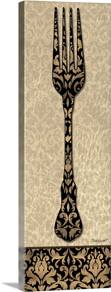 Home decor in brown, black, and gold tones with an illustration of a fork with a paisley design.