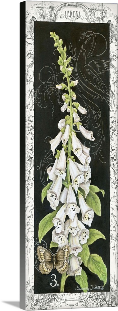 Large panel painting of white foxgloves with a butterfly on a black background with faint white sketches of florals and a ...