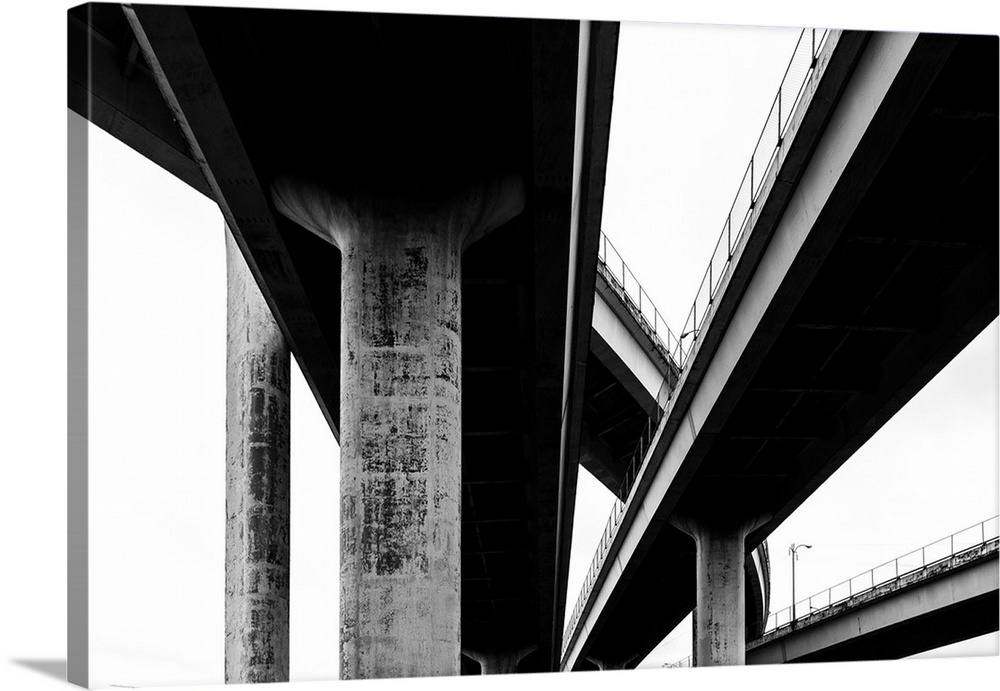 Black and white abstract photograph of freeway bridges.
