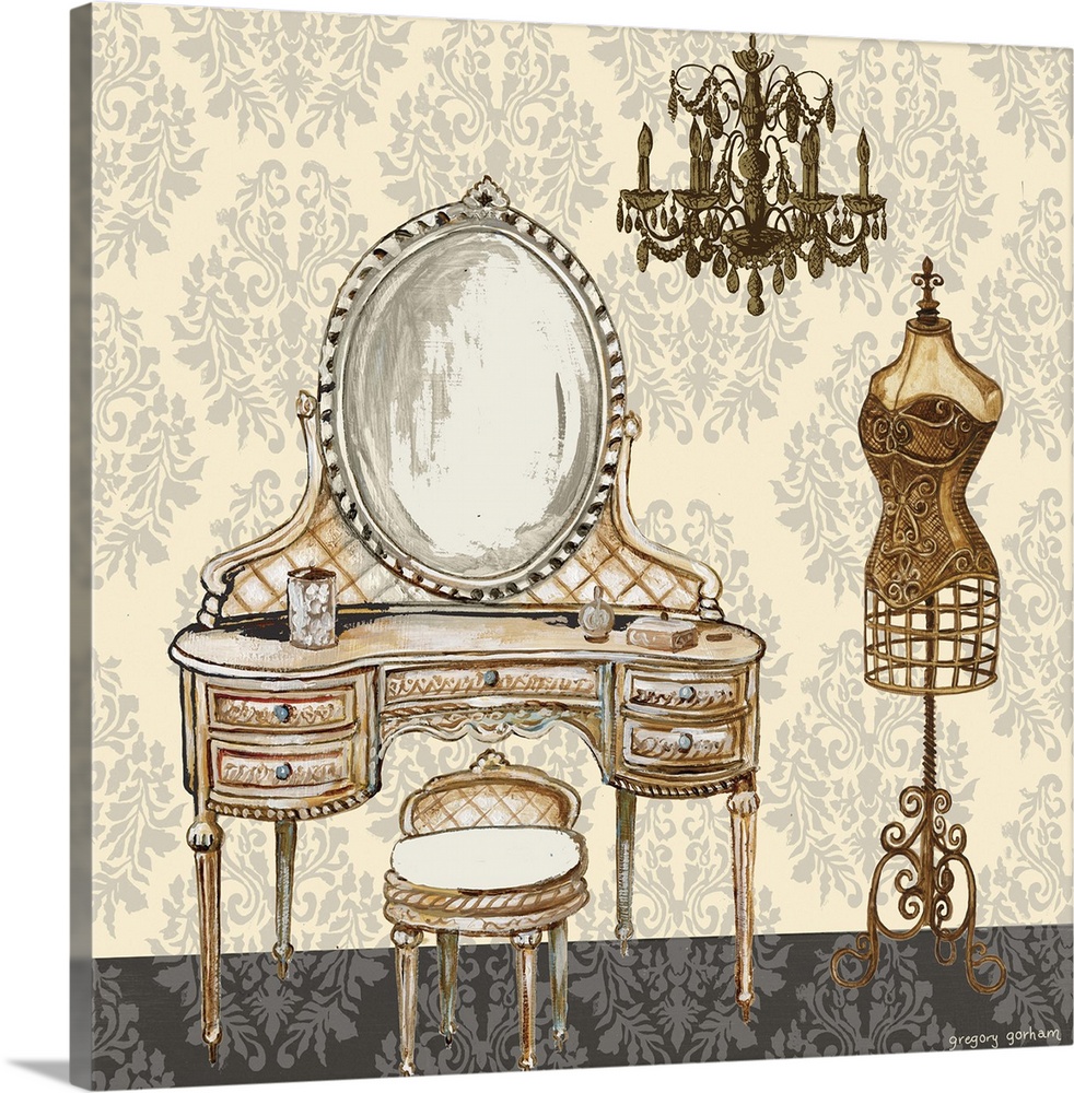 Square painting of an antique vanity and chandelier on a cream, gray, and black designed background.