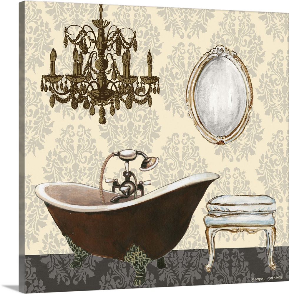 Square painting of an antique clawfoot tub and chandelier on a cream, gray, and black designed background.