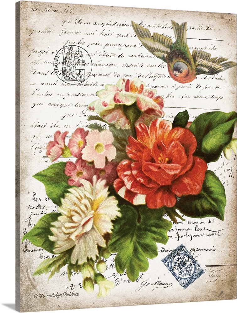 Vintage art with a bouquet of flowers and a bird in flight on top of an old letter written in French.