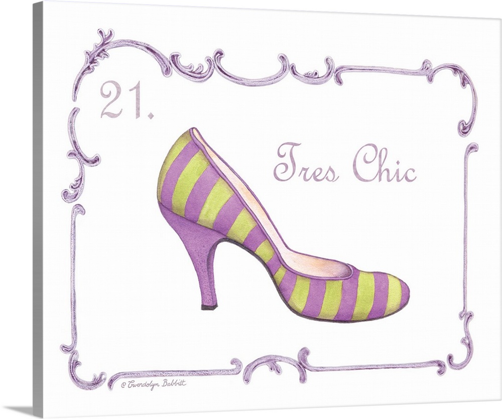 French fashion themed illustration of a purple and green striped high heel shoe with "Tres Chic" written on the side in pu...