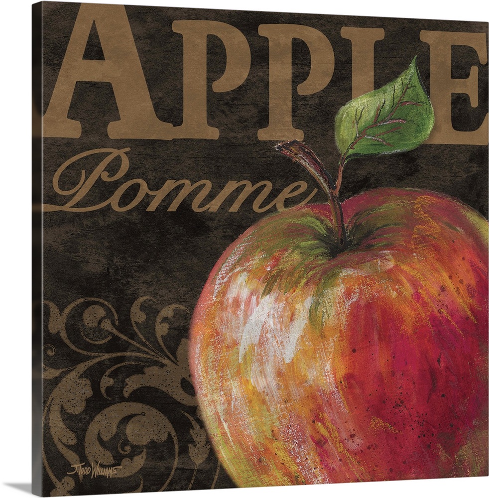 Square kitchen decor with an illustration of an apple in the foreground and the word "Apple" written in copper in both Eng...