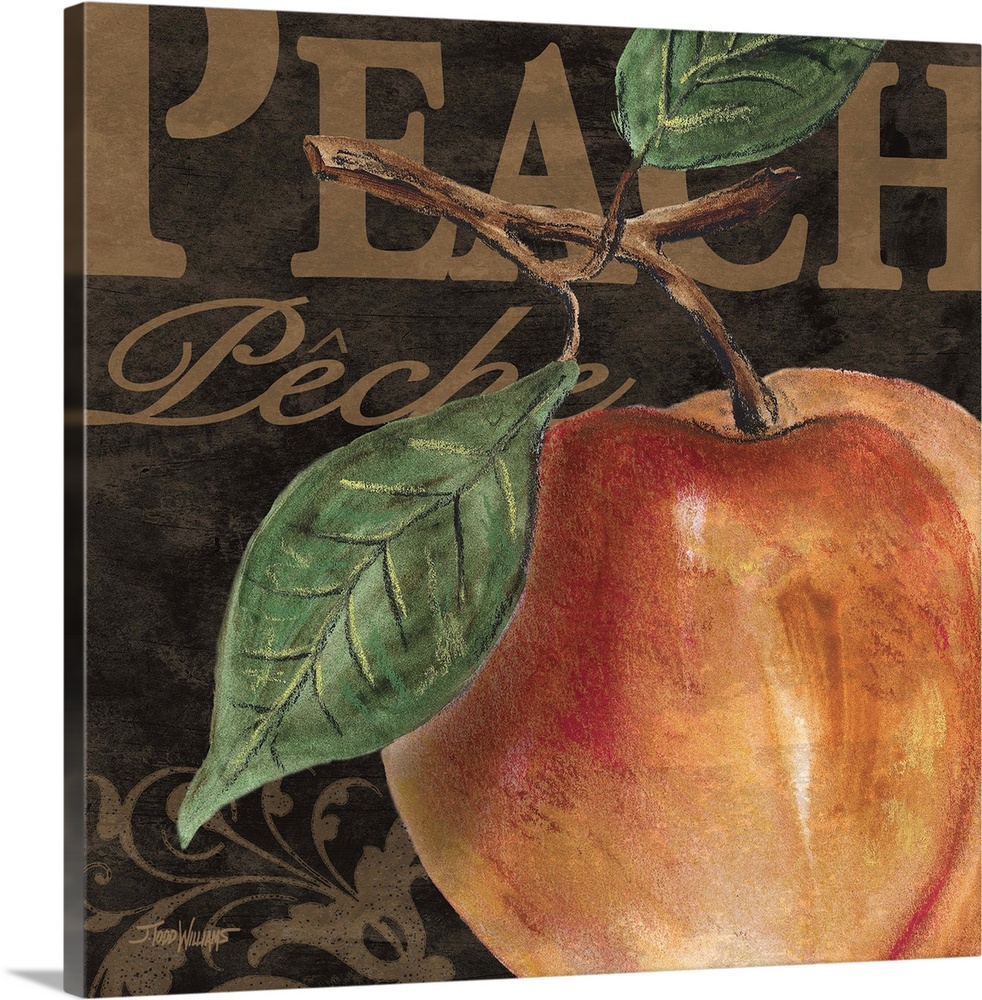 Square kitchen decor with an illustration of a peach in the foreground and the word "Apple" written in copper in both Engl...