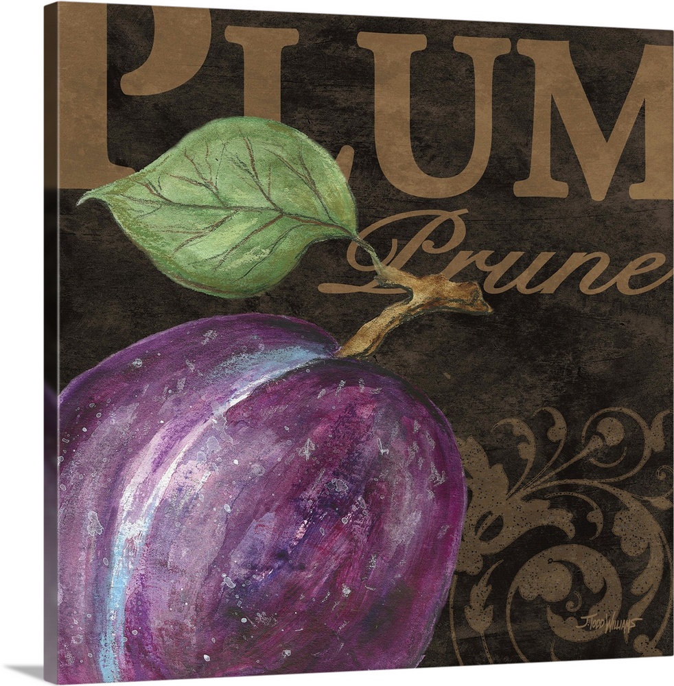 Square kitchen decor with an illustration of a plum in the foreground and the word "Apple" written in copper in both Engli...