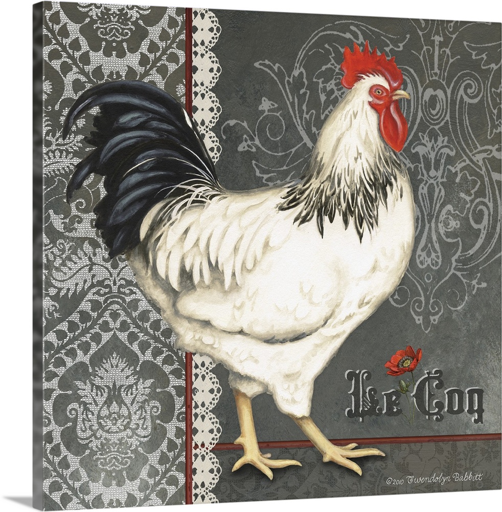 Decorative square art with an illustration of a rooster with a lacy grey and white designed background and "Le Coq" writte...