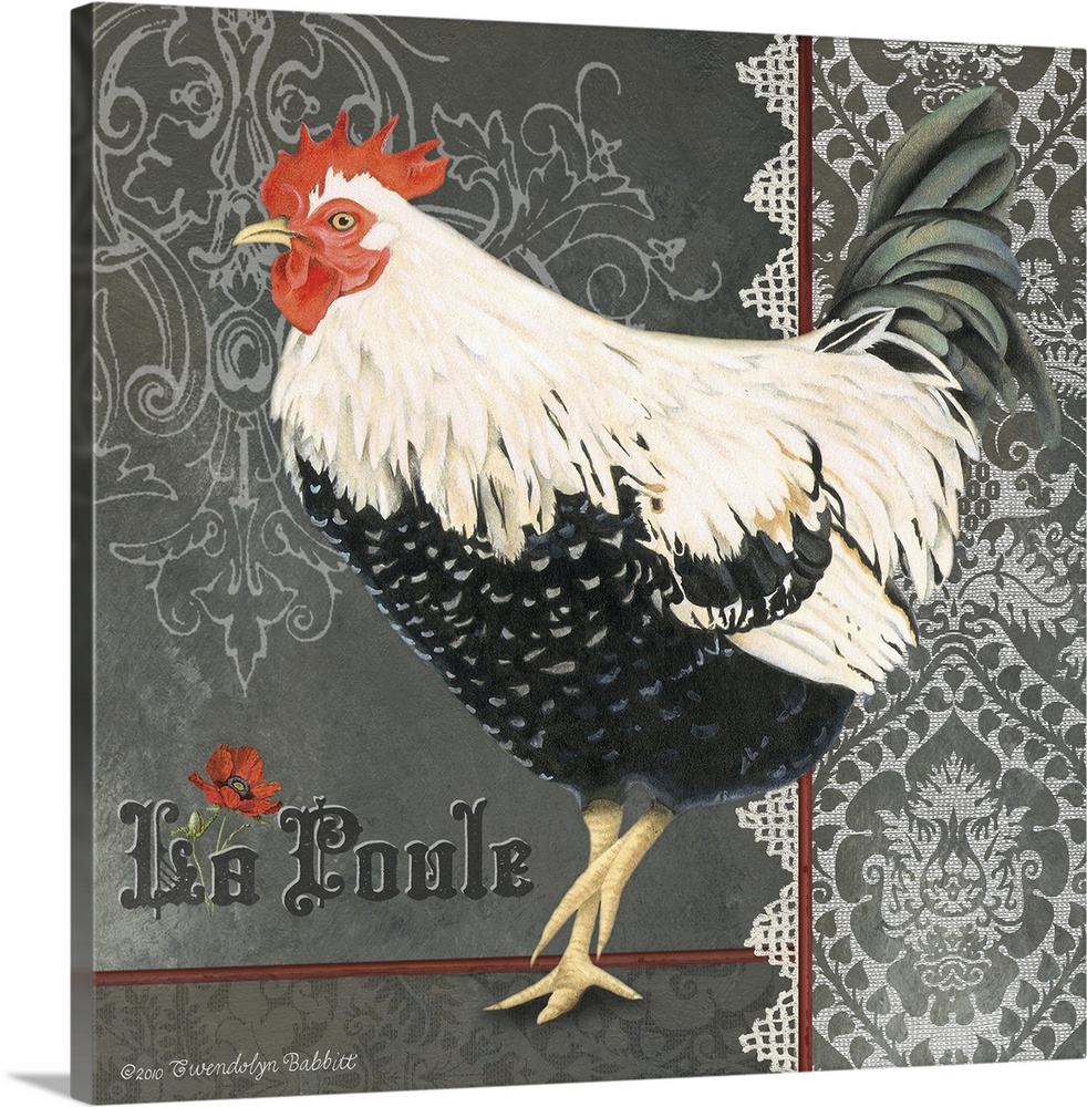 Decorative square art with an illustration of a chicken with a lacy grey and white designed background and "La Poule" writ...