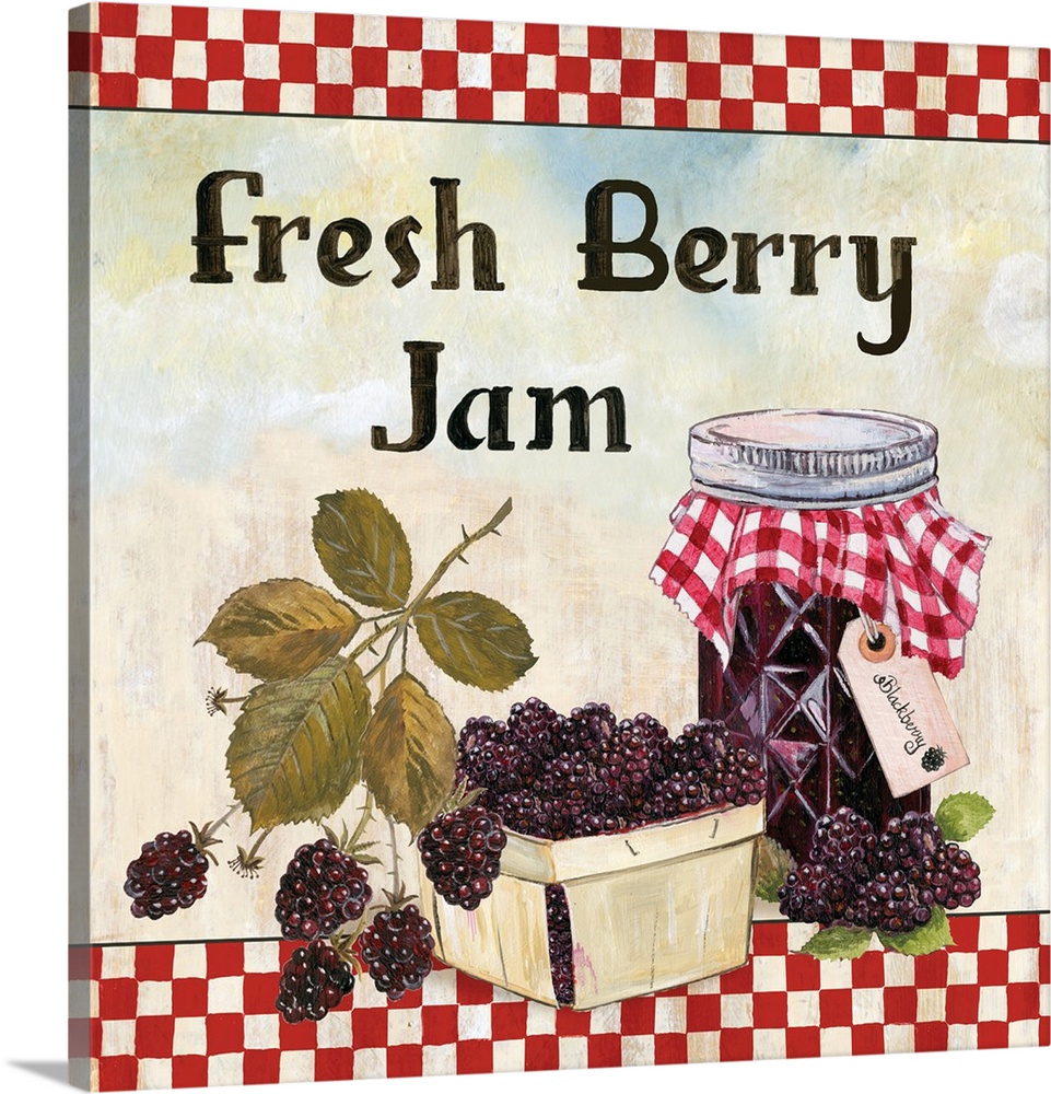 Square painting with a basket of blackberries and a jar of blackberry jam.