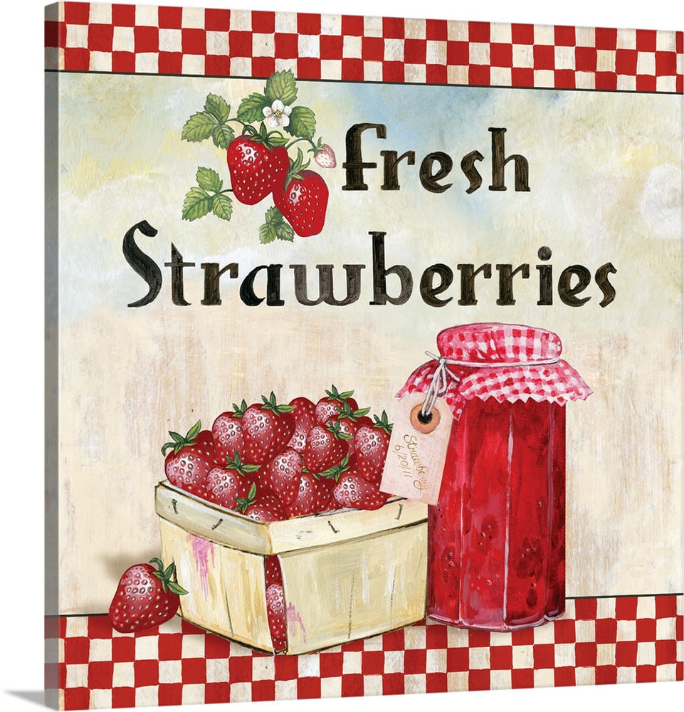 Square painting with a basket of strawberries and a jar of strawberry jam.