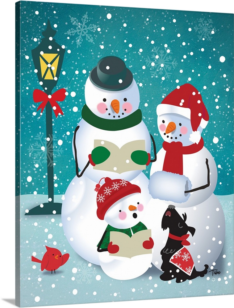 Whimsical illustration of three snowmen, a dog, and a cardinal caroling in the snow.