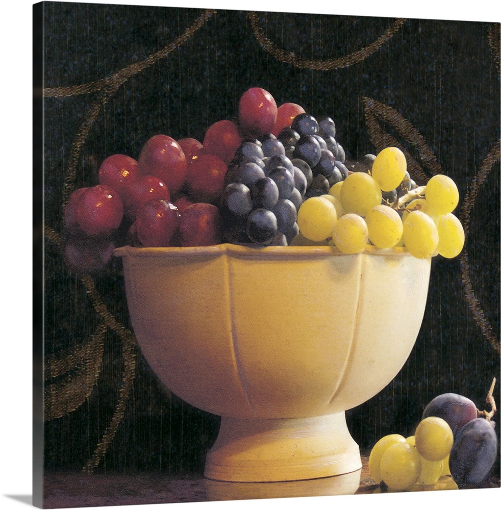 This still life photograph has been edited to appear like a classic painting of three different types of grapes in a ceram...