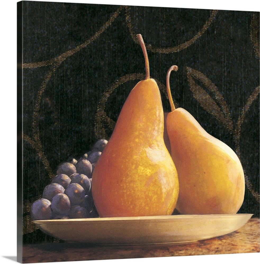 Decorative painting of a still life consisting of two pears and grapes in a shallow bowl against a dark background.