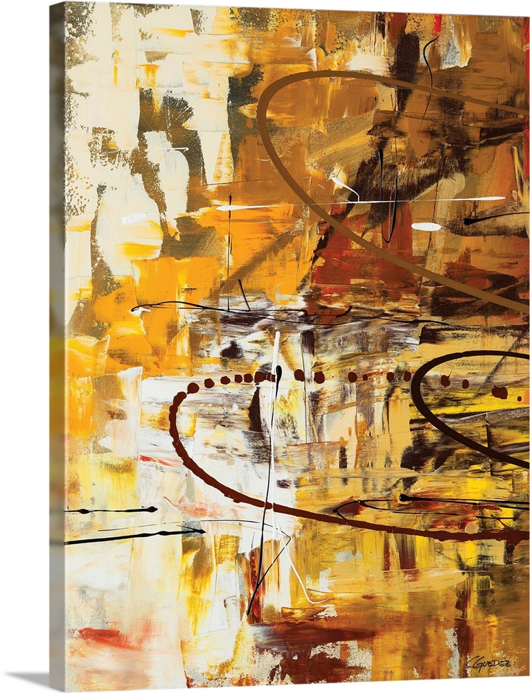 Modern abstract painting in shades of brown, yellow, and white with thin sideways arched lines on the side.