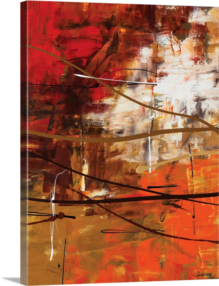Modern abstract painting in shades of brown, orange, yellow, red, and white with thin lines of darker colors running on to...
