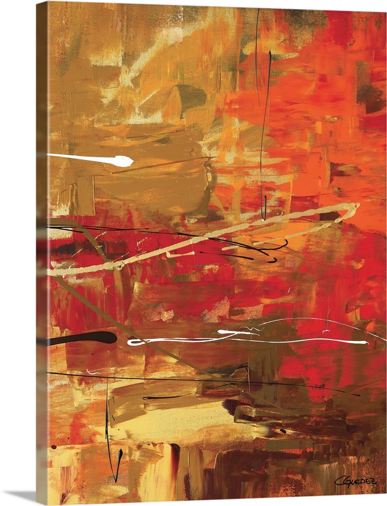 Modern abstract painting in shades of red, orange, yellow, brown, and white with gold, white, and black thin squiggly line...