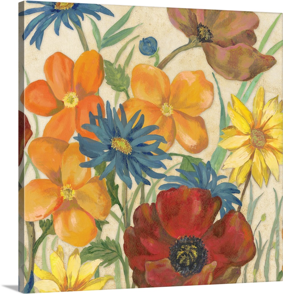 Square painting of red, orange, blue, and yellow flowers on a neutral colored background.