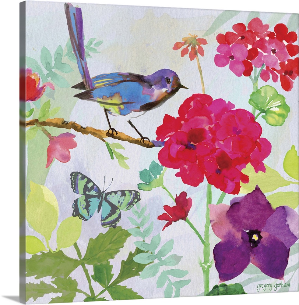 Decorative square art with a colorful bird perched on a branch surrounded by red and purple flowers and a blue and green b...