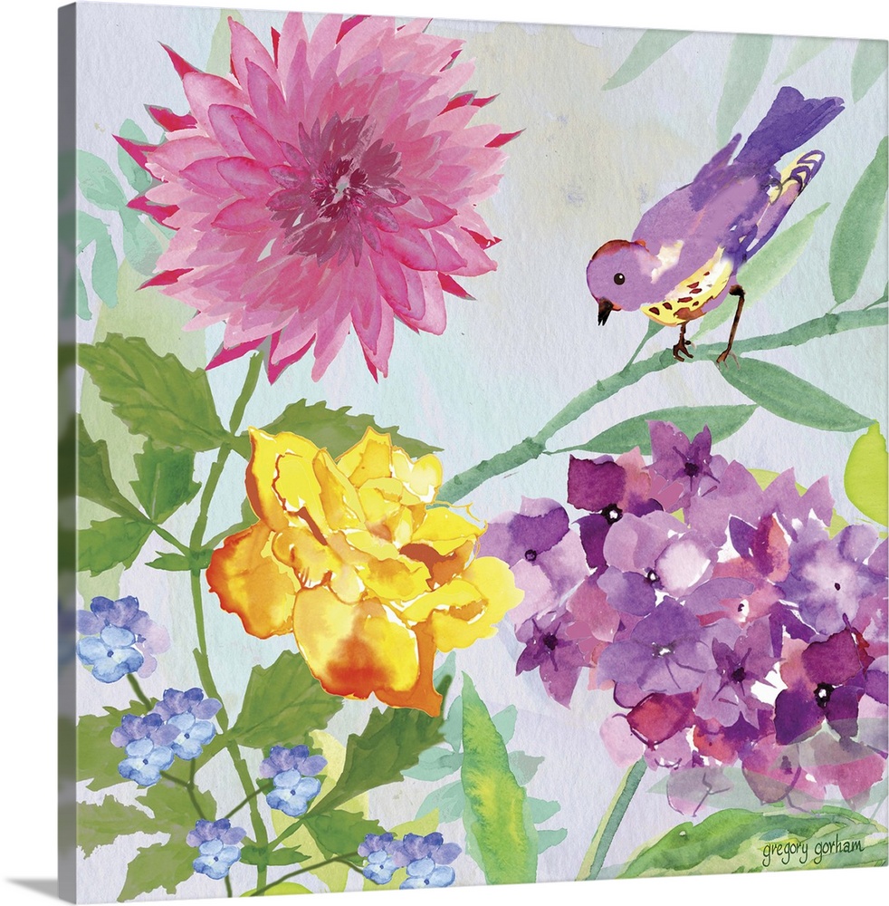 Decorative square art with a purple and yellow bird on a branch surrounded by purple, pink, yellow, and blue flowers.