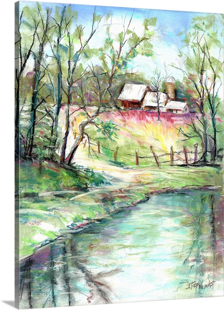 Colorful landscape painting of a pond with a path leading up to a large barn.