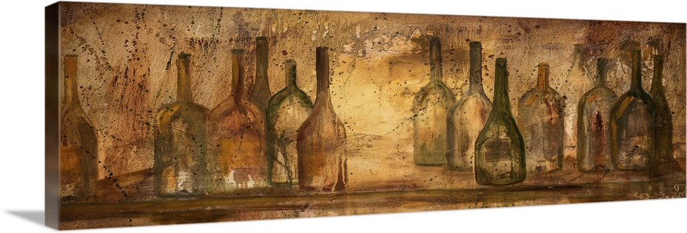 Wide neutral colored painting of wine bottles on a table with a paint splatter overlay.