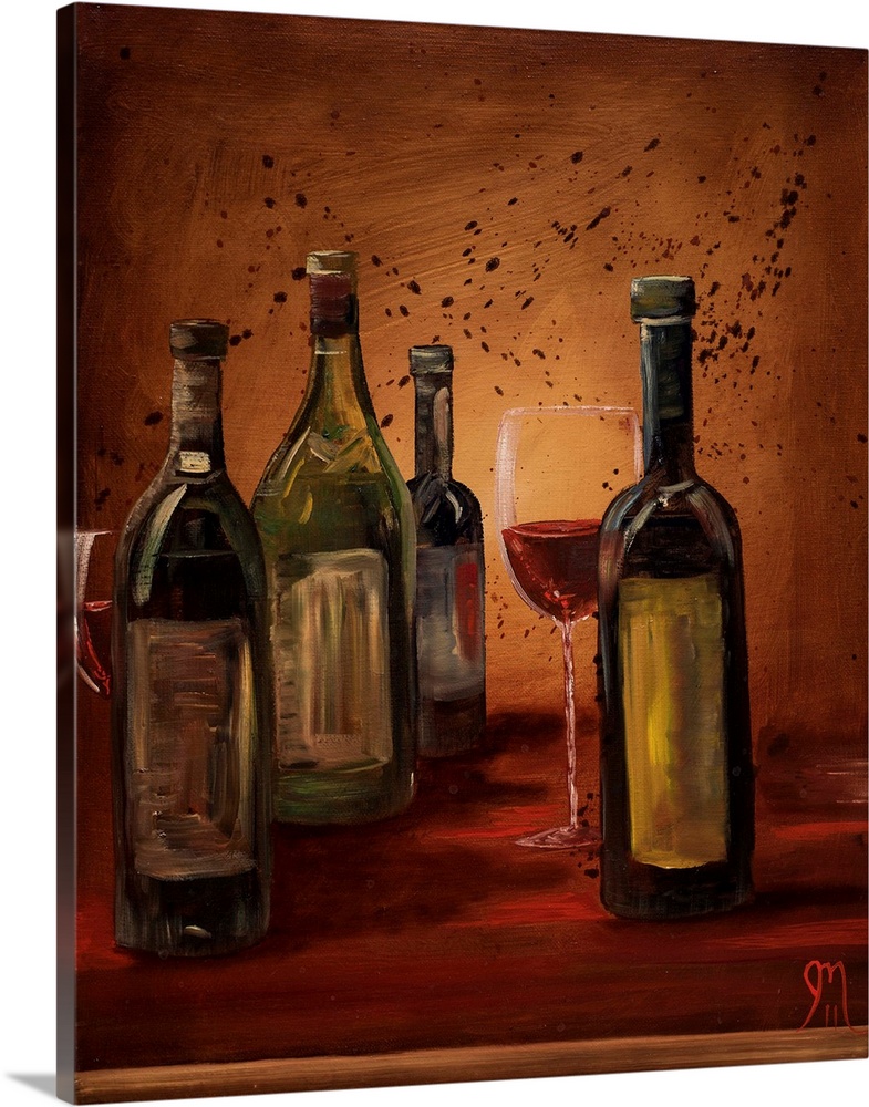 Contemporary painting of wine bottles and a glass of red wine with a warm toned background and a little bit of paint splat...
