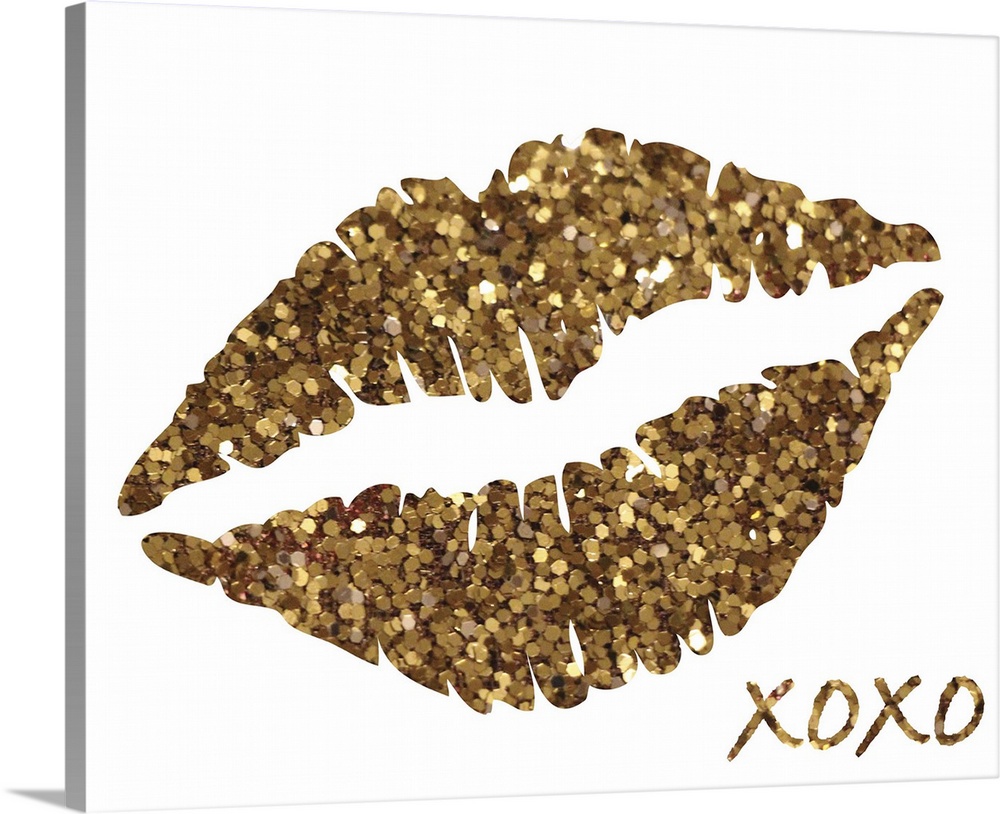 Glittery decor with gold lips and "XOXO" in the bottom corner on a white background.