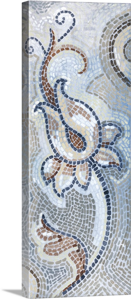 Abstract panel painting of a flower created with mosaic tile-like brushstrokes in blue, brown, gray, and white hues.