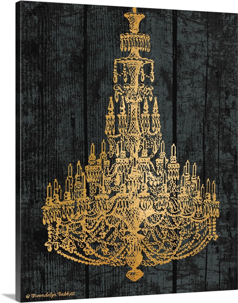 An illustration of a chandelier in gold over a black background.