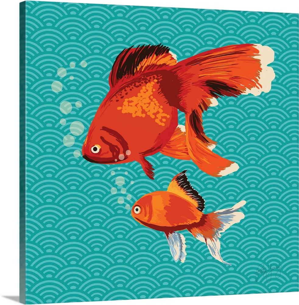 Square illustration with two goldfish swimming on a teal patterned background.