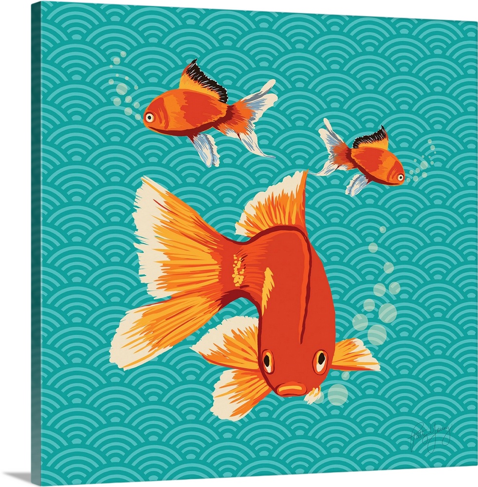 Square illustration with two goldfish swimming on a teal patterned background.