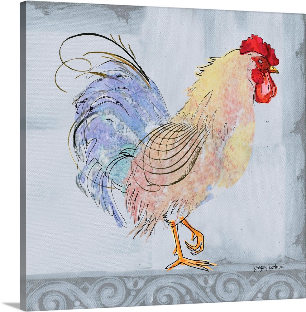 Square art with a colorful illustration of a rooster on a pale blue and grey background.