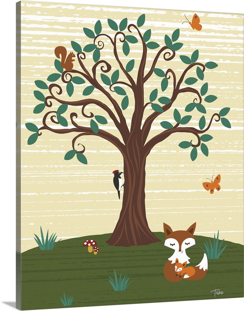 Whimsical illustration of a mother and baby fox underneath a tree with a bird, squirrel, and butterflies.