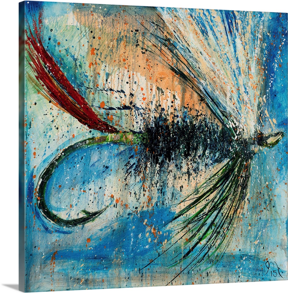 Square painting of a green, red, and white fly fishing lure on a blue background with orange paint splatter.